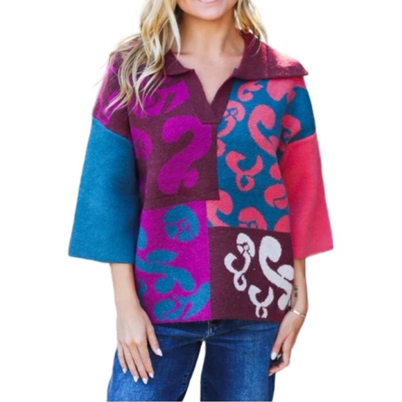 entro Sweaters - NEW ENTRO FEELING YOUR BEST WINE ABSTRACT PRINT COLOR BLOCK V NECK SWEATER